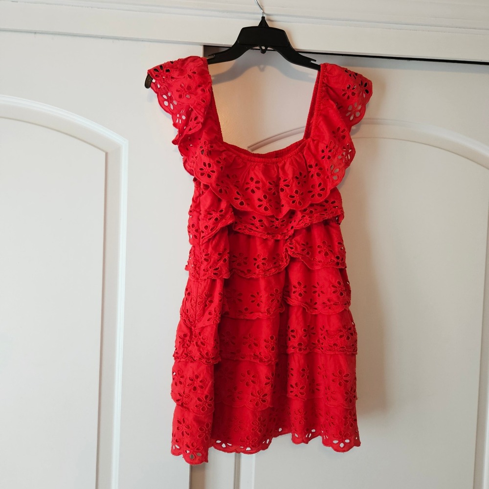 Show Me Your Mumu Lucy Mini Dress Large Cherry Eyelet Red Ruffle Tiered Cotton L - Picture 2 of 8